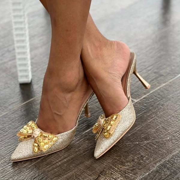 Women’s Elegant High Heel Silver Shoes with Bowknot