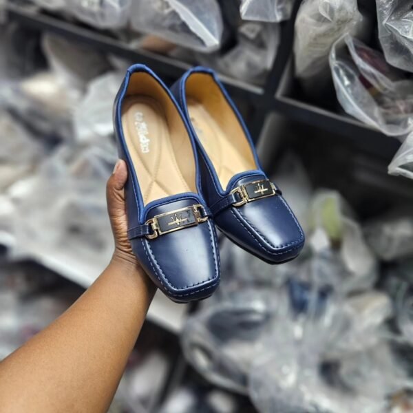 Fashion Quality Women’s Loafers – Navy Blue with Gold Buckle | Affordable Ladies’ Shoes in Nairobi, Kenya